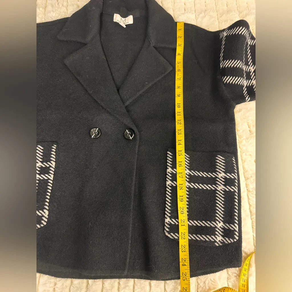Magaschoni Black and White Plaid Pea Coat Size Large - Image 10