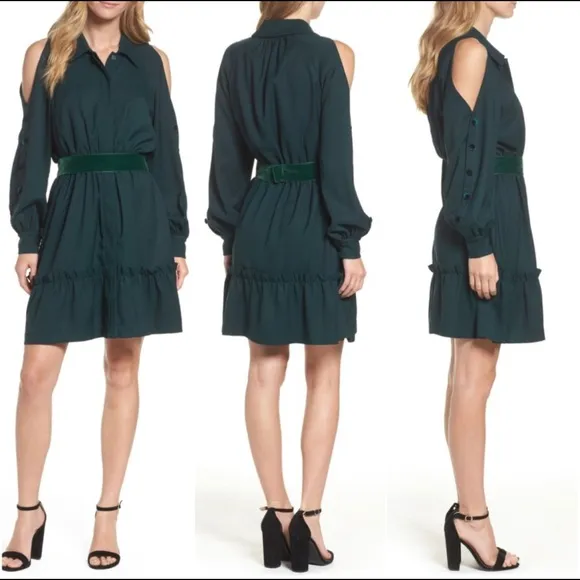 Eliza J Women’s Dress Green Button Up Tiered Cold Shoulder Belted Size 14 - Image 2
