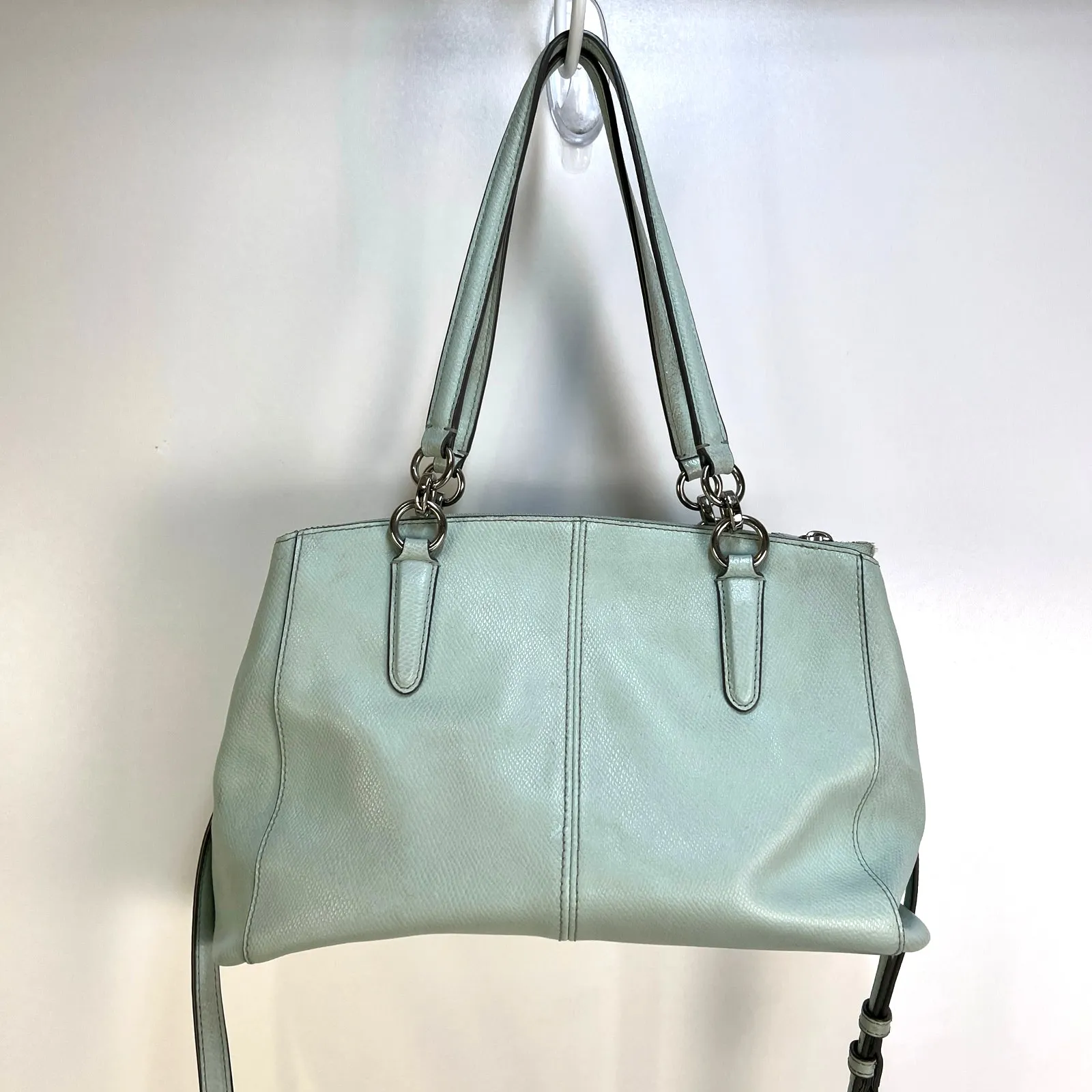 Coach Small Christie Carryall Satchel Shoulder Bag Mint Blue Crossgrain Leather - Image 11