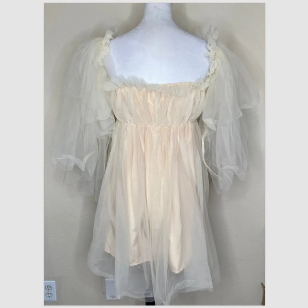 Women's Cream Tan Lined Tulle Puff Sleeve Babydoll Dress Barbie Fairycore Medium - Image 4