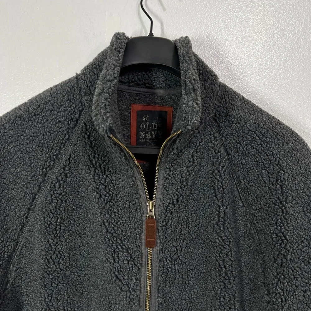 Old Navy Teddy Sherpa Lined Fleece Jacket‎ Mens XL Dark Gray Mock Neck Full-Zip - Image 6