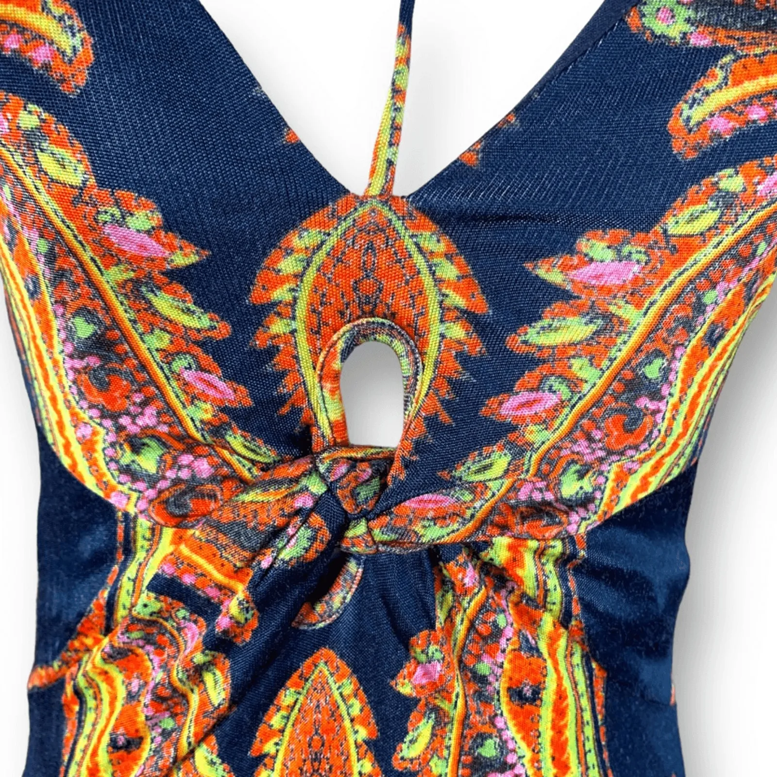 Free People Sin City Midi Dress Psychedelic Boho Paisley Print XS Navy Blue - Image 6