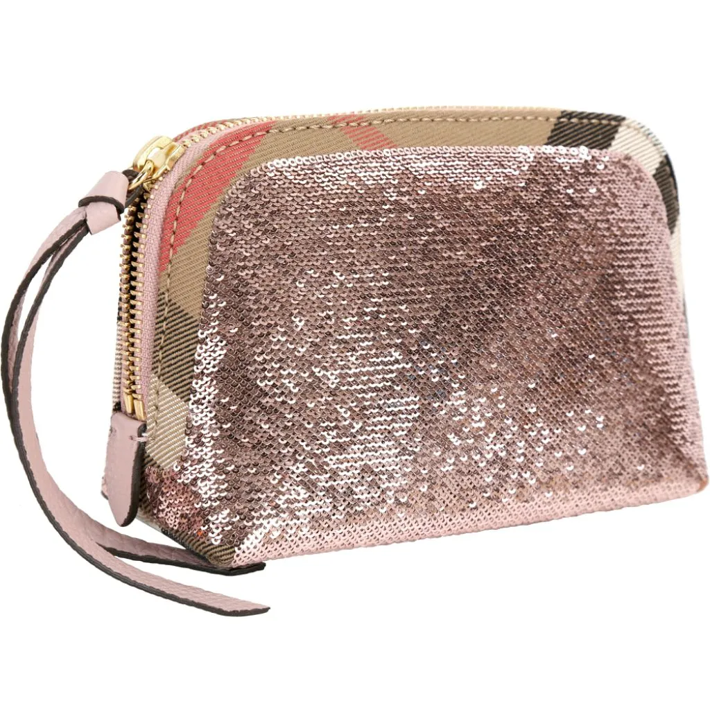 NWT Burberry Bridle Sequined Medium Pouch, Metallic Pink/Check - Image 3