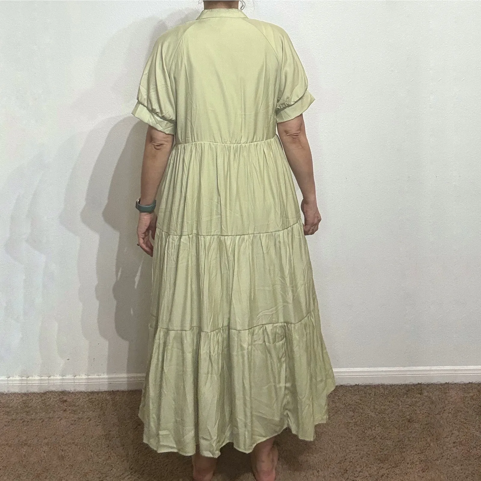 Fashion Sage Green Tiered Maxi Shirt Dress Sz L Size L - Image 10