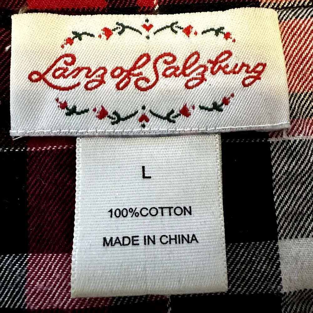 Lanz of Salzburg Nightgown 100% Cotton Plaid Pockets Black Trim Red Black Large - Image 3