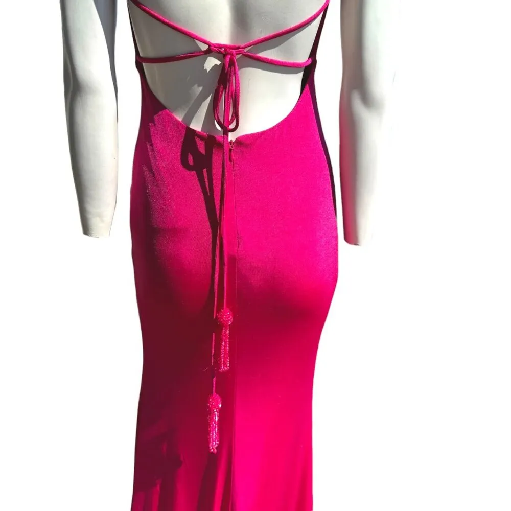 Jovani Shimmer Tassel Tie Open Back High Leg Slit Gown Pink Size 0 NWT - Image 5