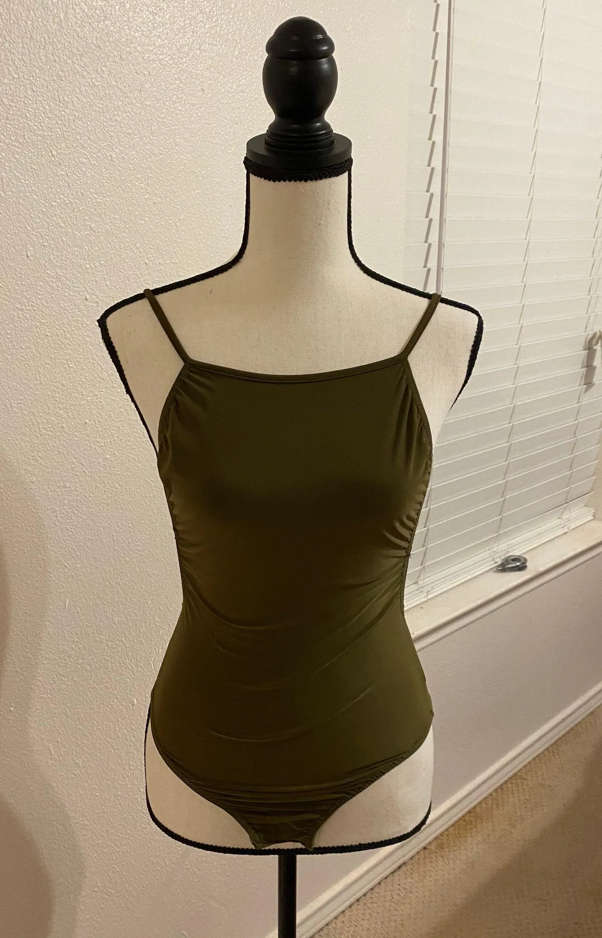 Silk Olive Green Open Back Spaghetti Strap Summer Bodysuit Size 4 - Image 2