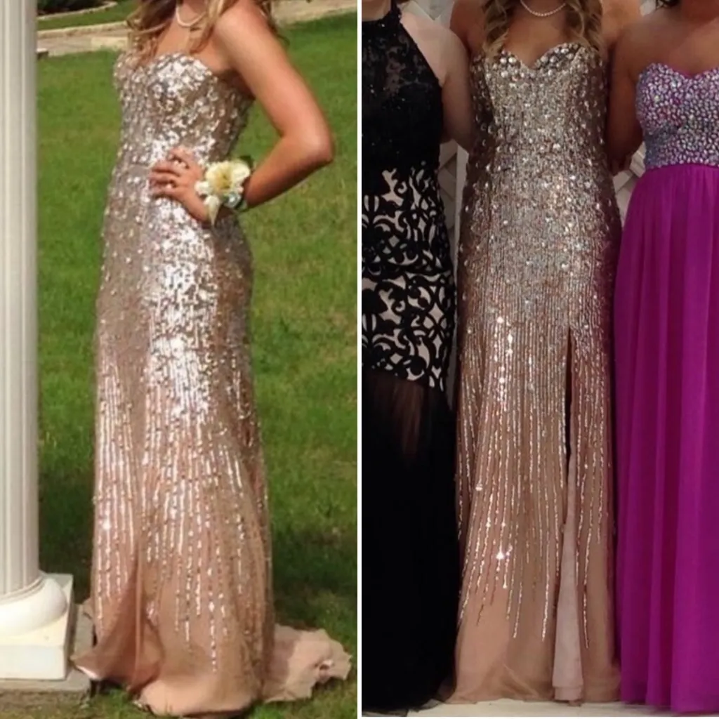Sherri Hill Sequined Strapless Rose‎ Gold Prom Dress Size 8 - Image 3