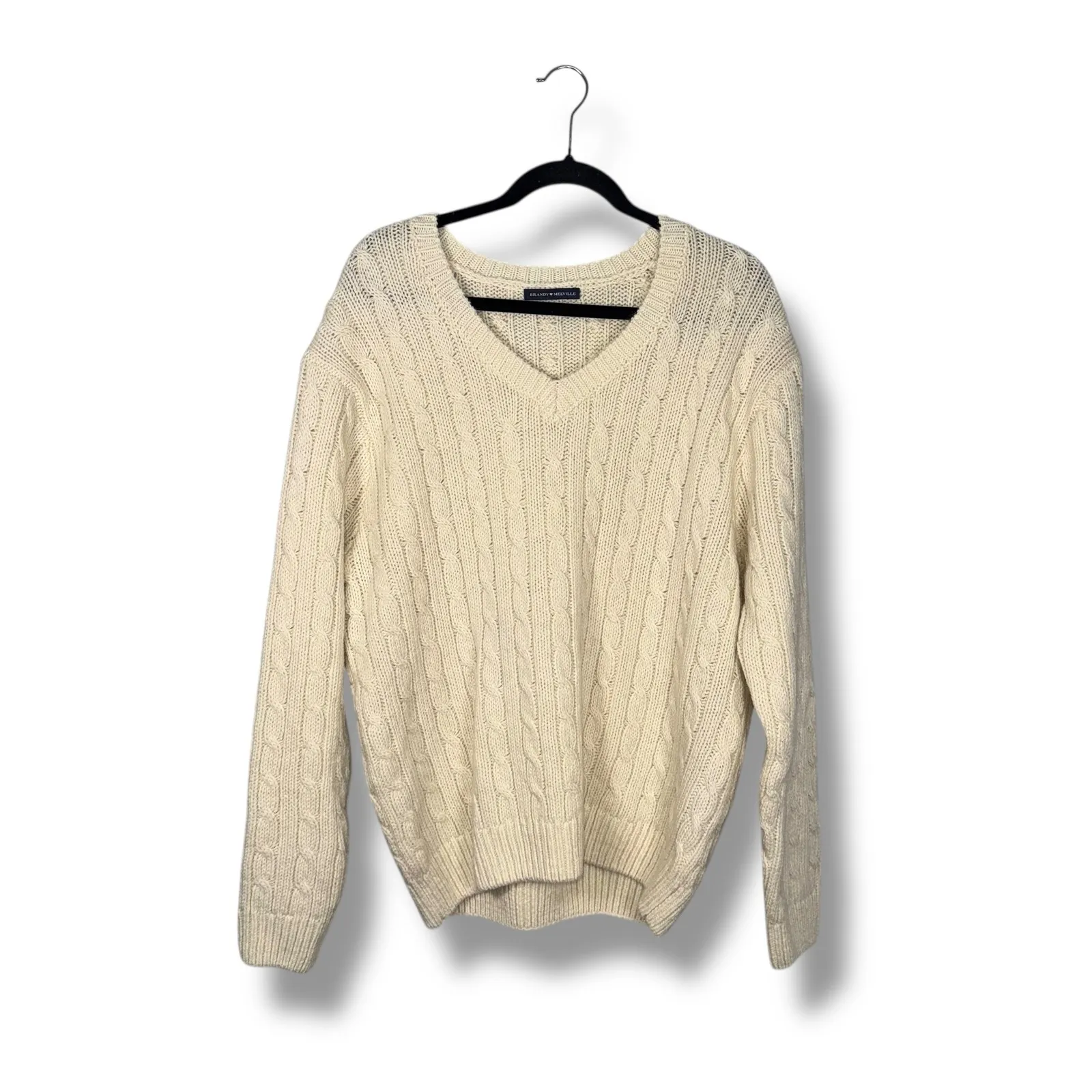 Brandy Melville Cream Cable Knit V Neck Wool Acrylic Sweater Women - Image 3