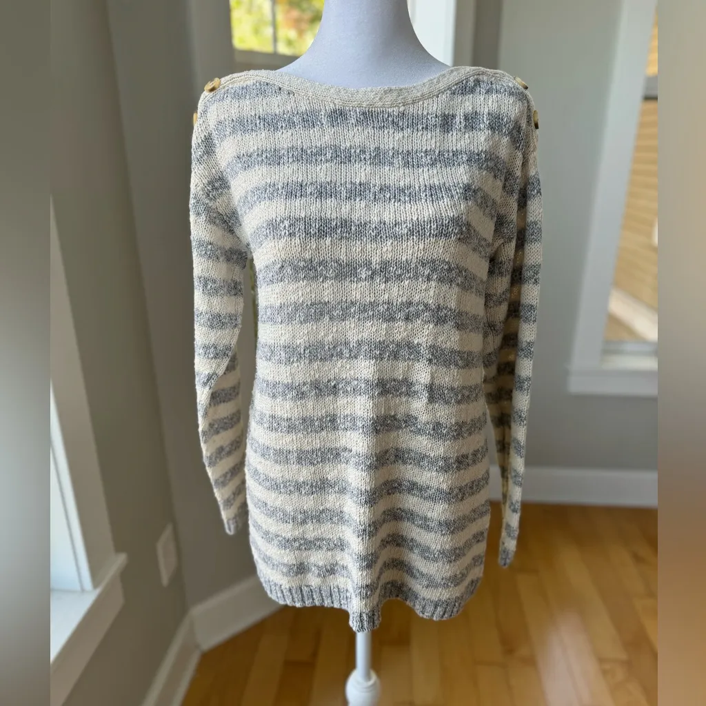 Market & Spruce Blue Ivory Striped Cotton Linen Button Shoulder Boatneck Sweater - Image 10