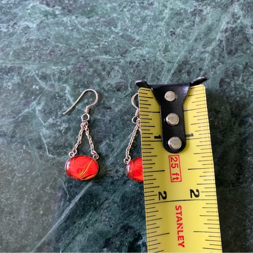 Orange Fire Abstract Art Resin Dangle Earrings Set In Sterling Silver 925 Posts - Image 2