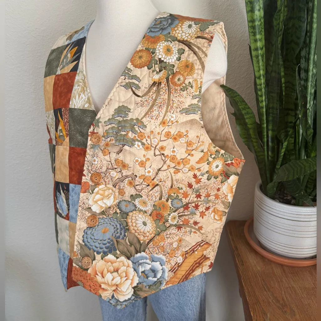 Vintage Patchwork Floral Quilted Vest Reversible Boho Fall Layering large‎ Orange - Image 5