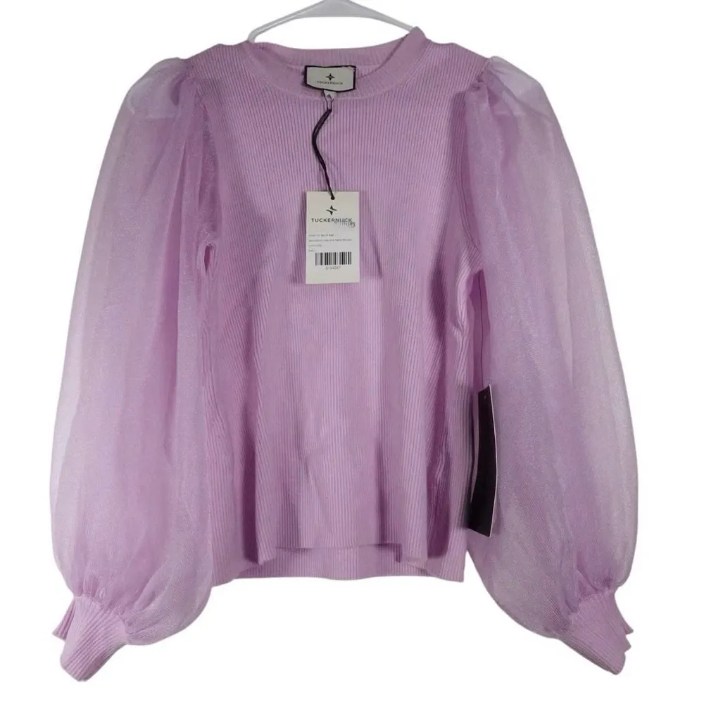 Tuckernuck Lilac Knit Betsy Blouse Size S NWT Sheer Puff Sleeve Stretchy Ribbed - Image 6