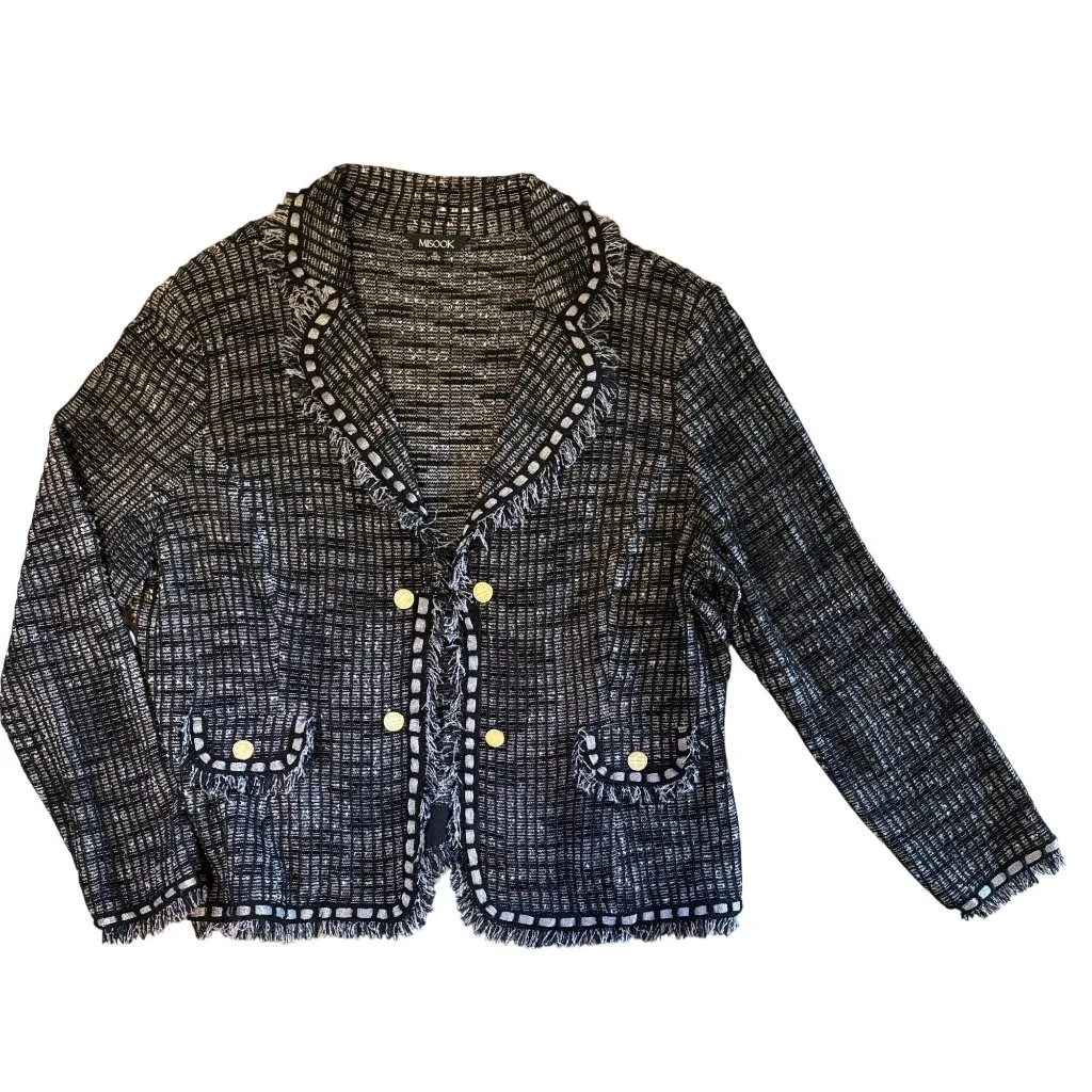 $646 Misook XL Tweed Fringe Skirt Jacket Suit Set Stretch Knit Black Gray Boucle - Image 5