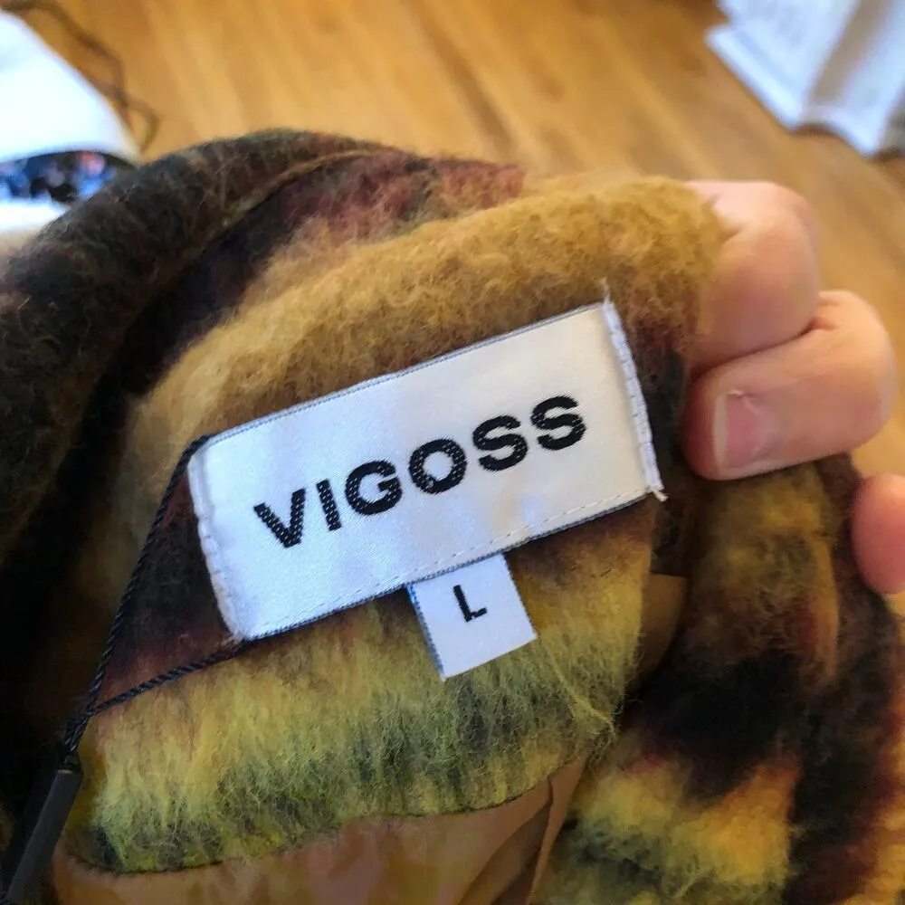 VIGOSS NWT Womens Lemon Brown Tan Yellow Plaid Double Breasted Peacoat Large - Image 11