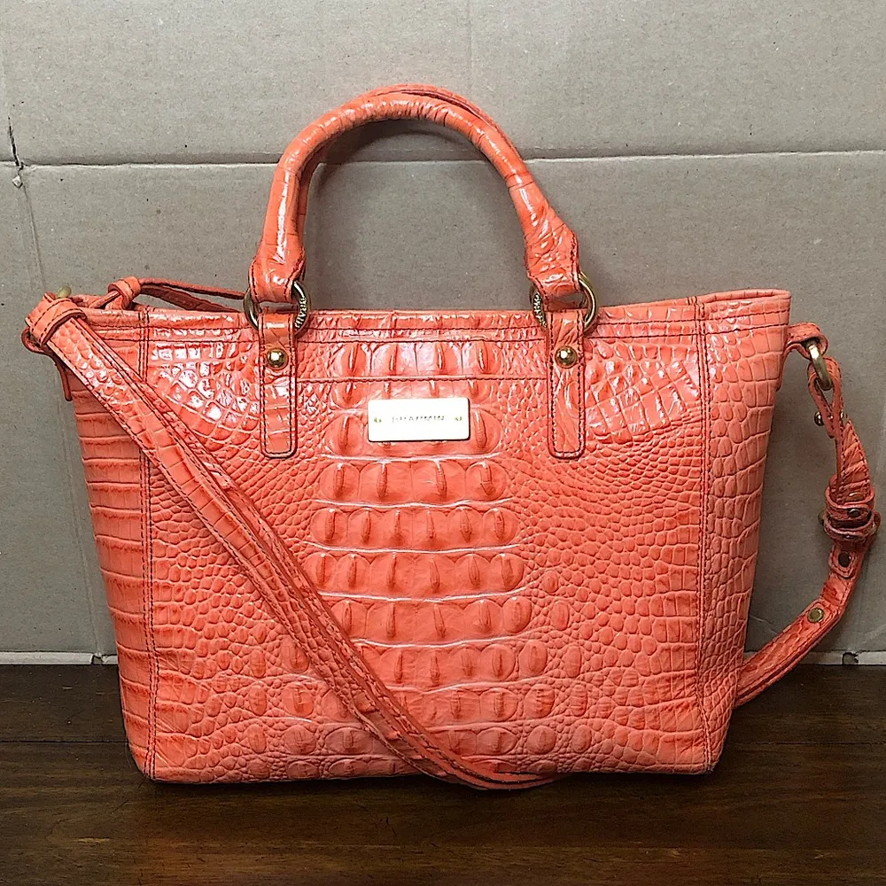 Croc Embossed Leather Rolled Top Handle Tangerine Satchel Shoulder Bag - Image 17