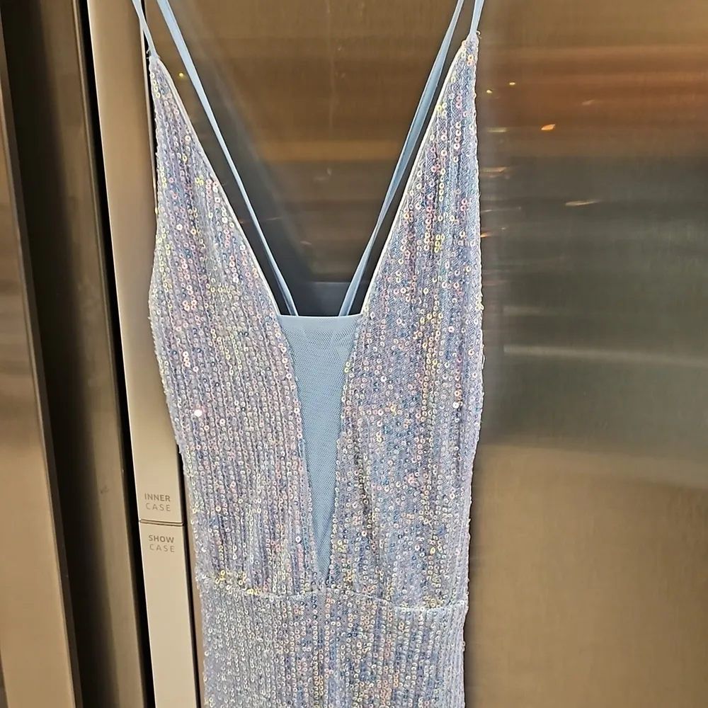 💕LULUS💕 Chic and Glam Light Blue Sequin Lace-Up Mermaid Maxi Dress M NWOT - Image 11