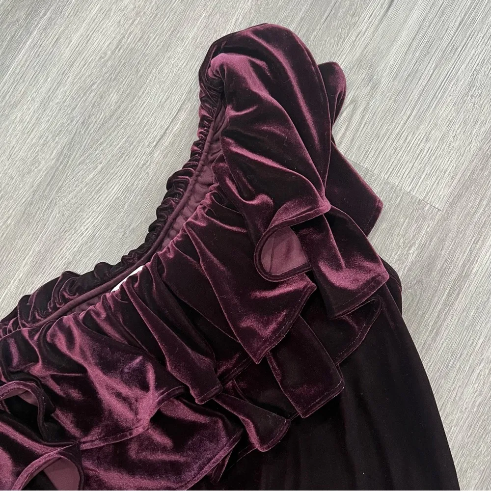 Misa Agus Purple Velvet One Shoulder Ruffle Top XS - Image 3