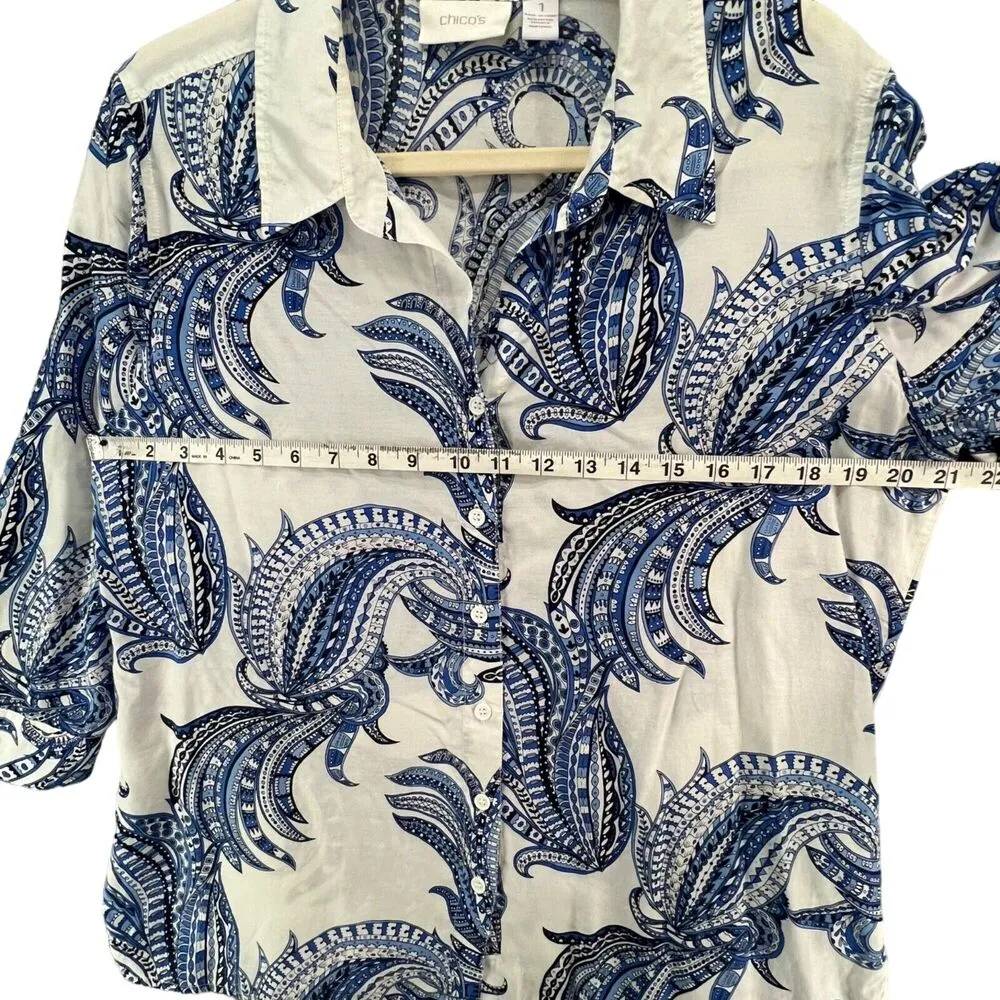 Chicos Blouse Womens US M Blue White Paisley Cotton Silk Button 3/4 Retro Boho - Image 5