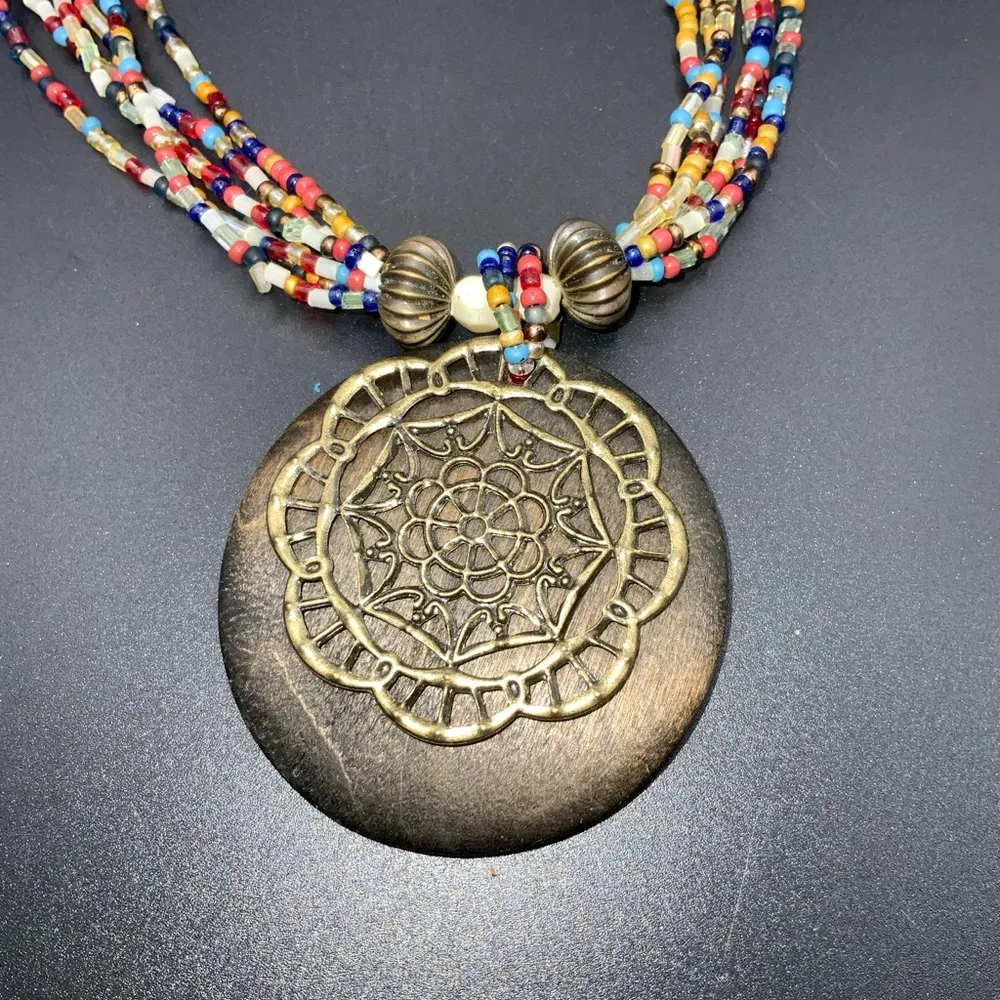 ColdWater creek 6 strand multi colored seed bead necklace wood/bronze pendant - Image 3