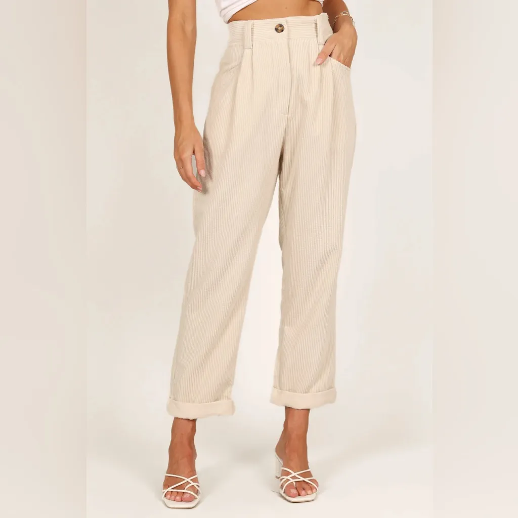 Petal & Pub Talaren Cord Pant In Cream High Waisted 8 Rolled Cuff Pleated Front - Image 10