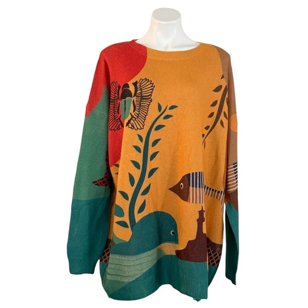 Women’s Pullover Oversized Wool Blend Fish Pattern Sweater Size OS Gold - Image 5