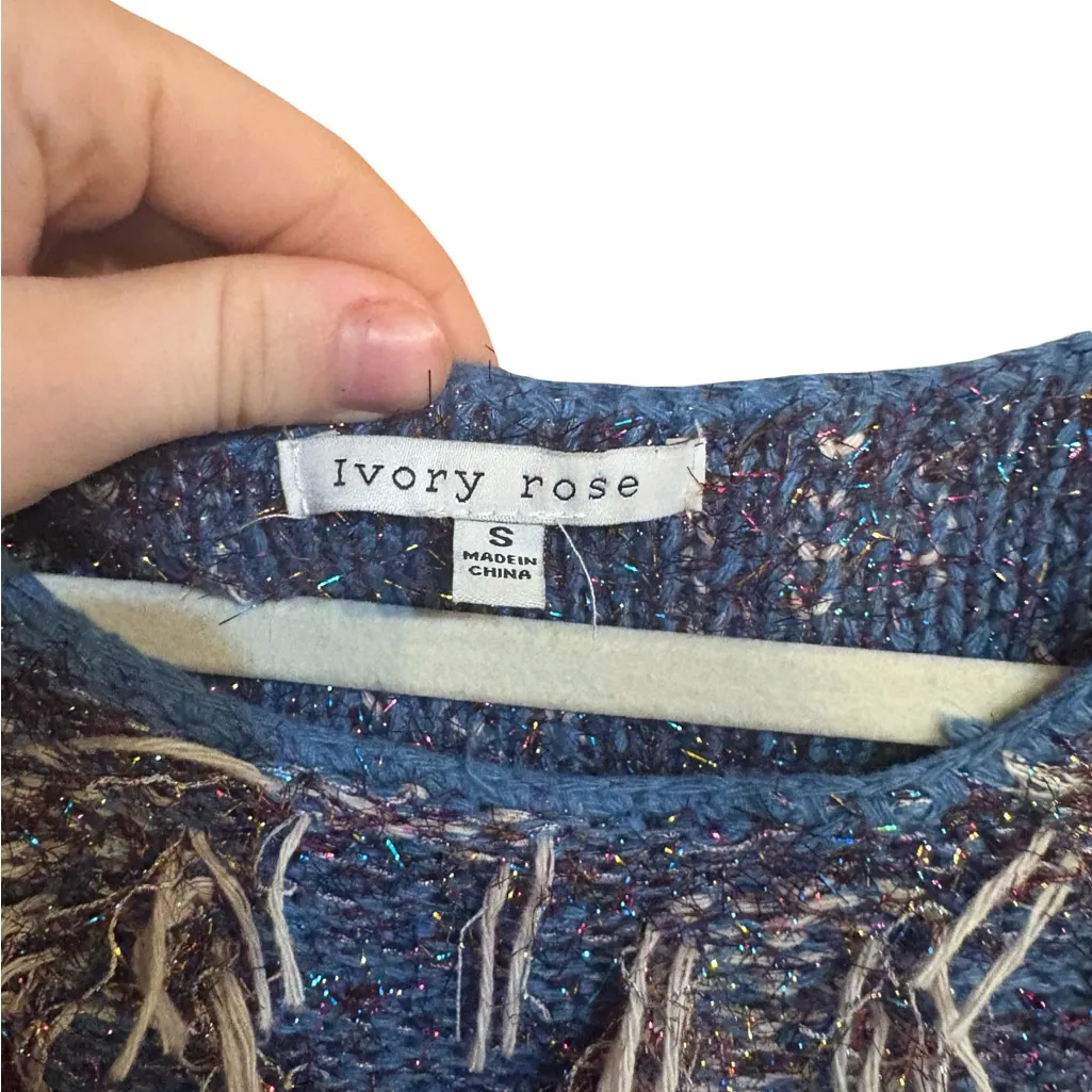 Ivory Rose Art Fringe Statement Sweater | Indigo Purple Festival Knit | S Blue - Image 4