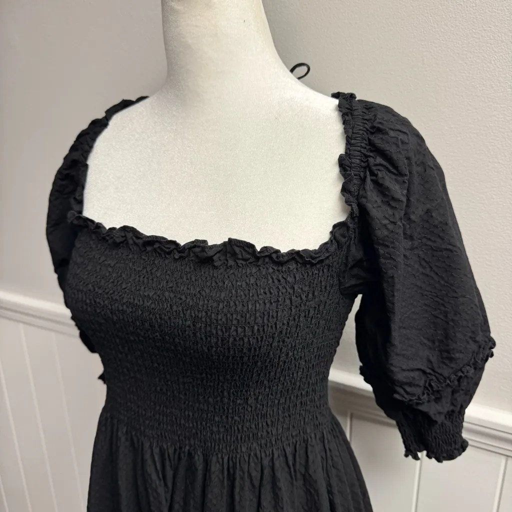 Hill House Nesli Nap Dress Short Puff Sleeve Swiss Dot Tiered Midi Black Small S - Image 8