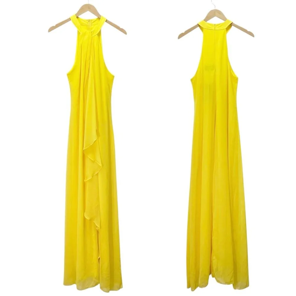 NWT Meghan LA Aphrodite Maxi Dress Size Medium Yellow Halter Ruffle Slit Gown - Image 6