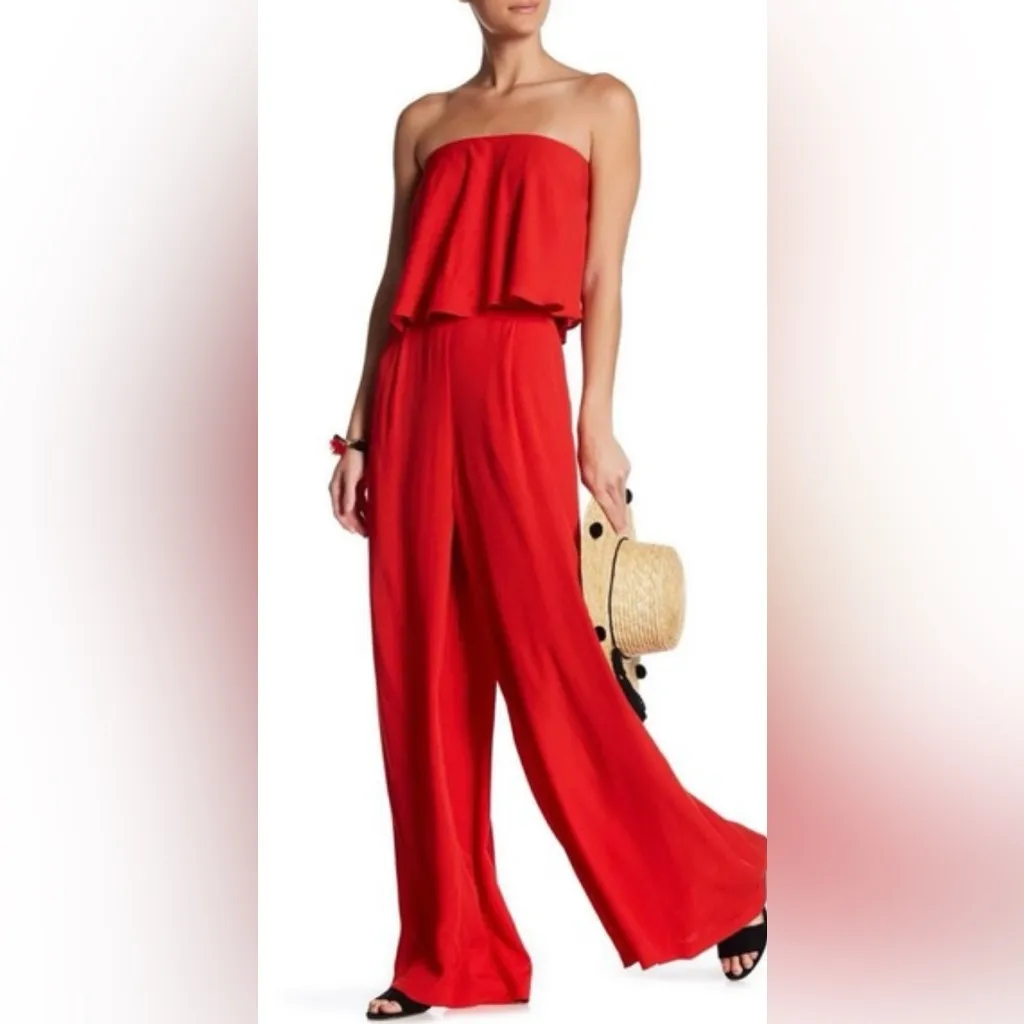 Free People Gia Red Crepe Strapless Flounce Top & Wide Leg Pants Set Size‎ Small - Image 4
