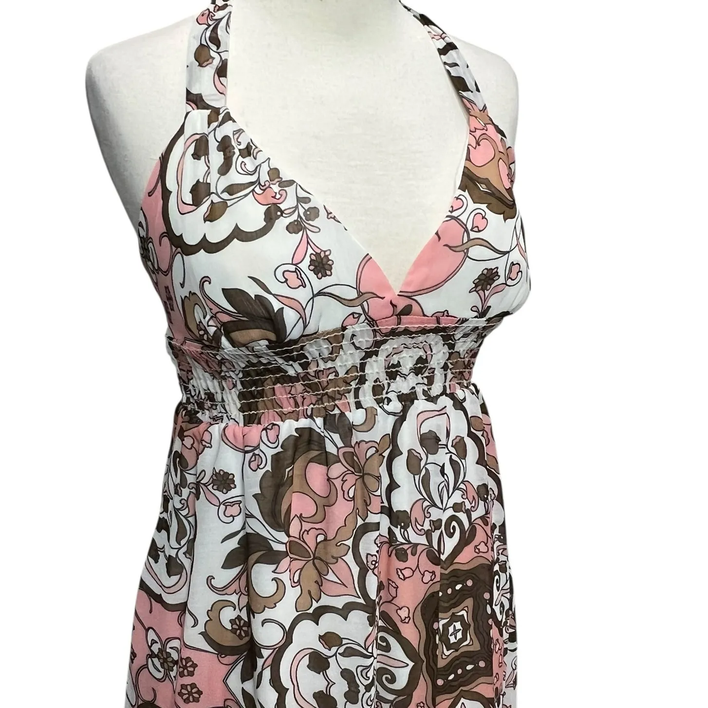 Trixxi Y2K Halter Dress 5 White Multi Floral Paisley Smocked Babydoll Boho Retro - Image 2