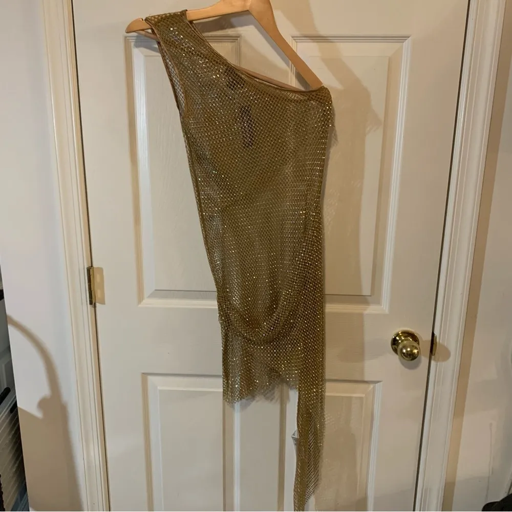 NWT PrettyLittleThing Mocha Diamante One-Shoulder Fishnet Bodycon Dress - Image 8
