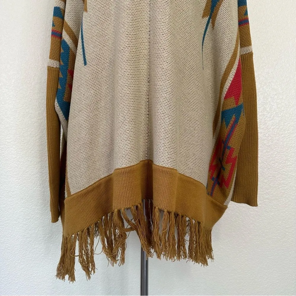 Urban Outfitters Ecote Tribal Knit Fringe Hem Poncho Cardigan, Sz Small - Image 8