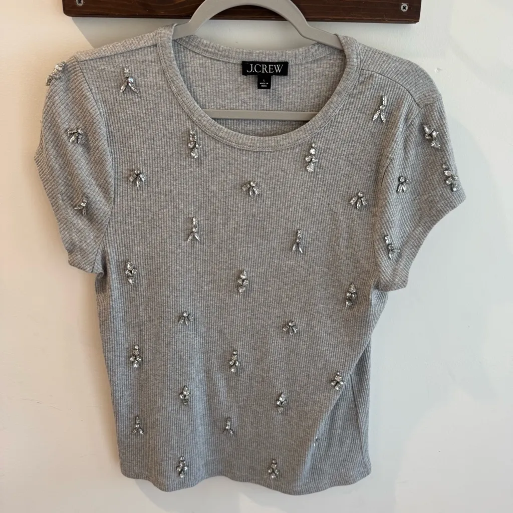 J.Crew Embellished Vintage Rib Shrunken T-shirt Grey Large - Image 1