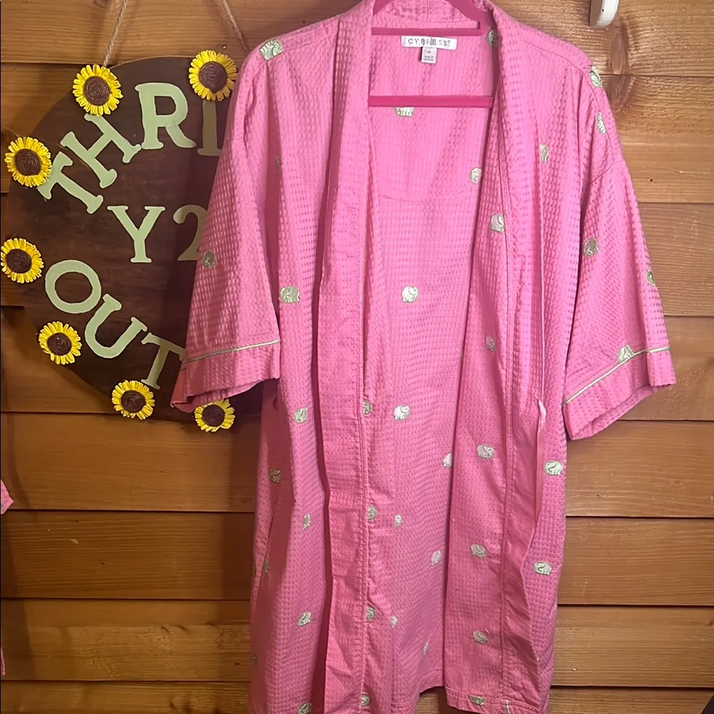 Cypress Elephant Robe Pink Green Embroider Waffle Knit Cozy Short Sleeve Lounge Size M - Image 2