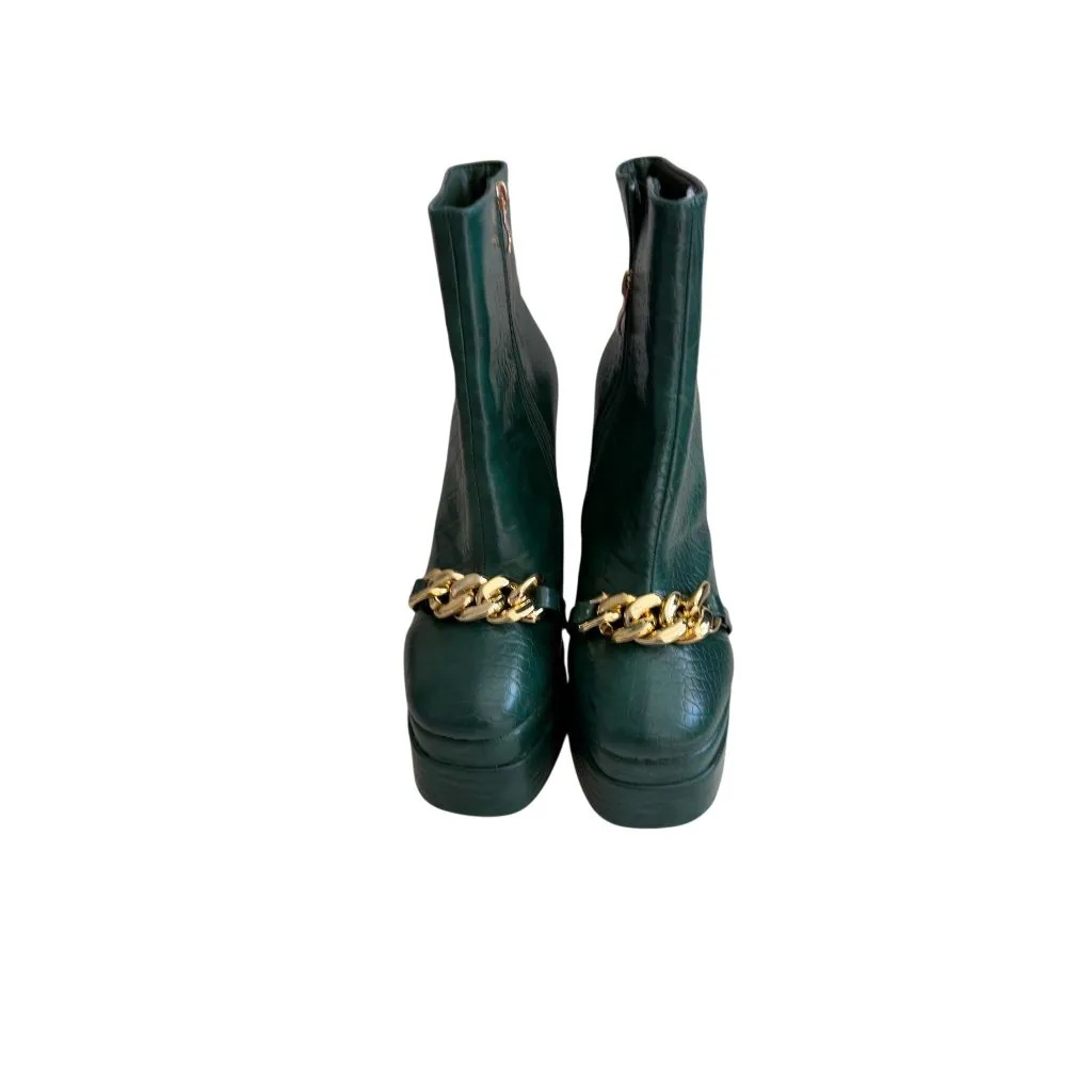 EGO Green Croc Embossed Gold Chain Detail Platform Boots Size UK 6 / US 8 - Image 2