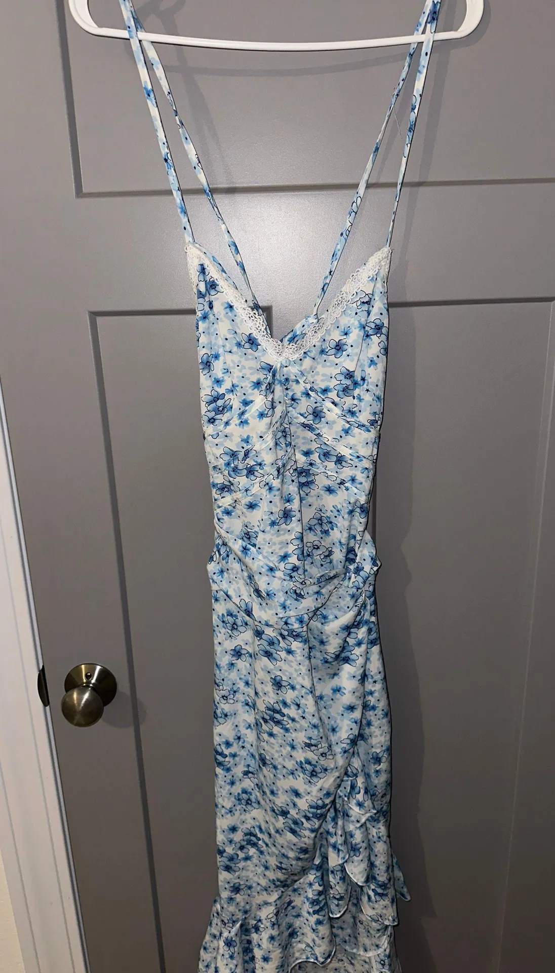 Blue Floral Print Lace Up Midi Dress - Image 5