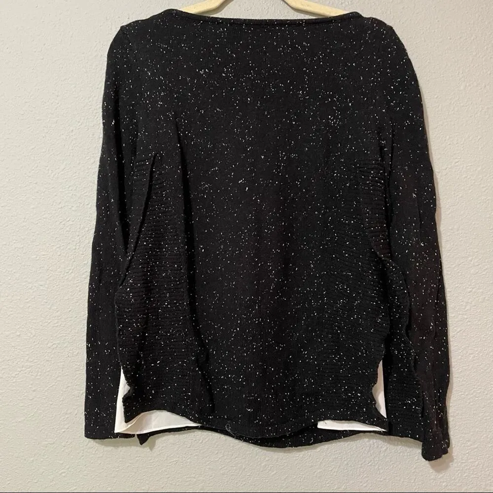 Loft Black Speckled Crew Neck Sweater Layered White Shirt XS Wool Blend Preppy - Image 7