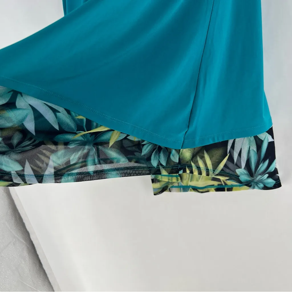 Antthony Teal Stretchy Liquid Knit Floral Leaf Print Mesh Sleeves Hem Tunic‎ Blue Size M - Image 8