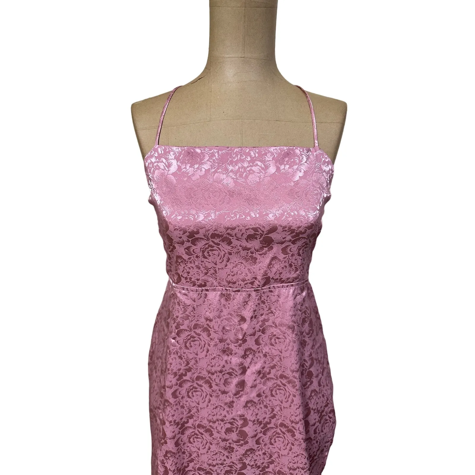Resa Mini Dress Revolve Pink Rose Floral Satin Tie Back - Image 4