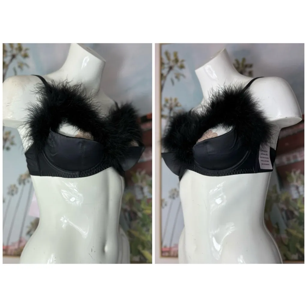 Savage X Fenty Black Marabou Feather Satin Balconette Bra Open Cups Size 38C - Image 3