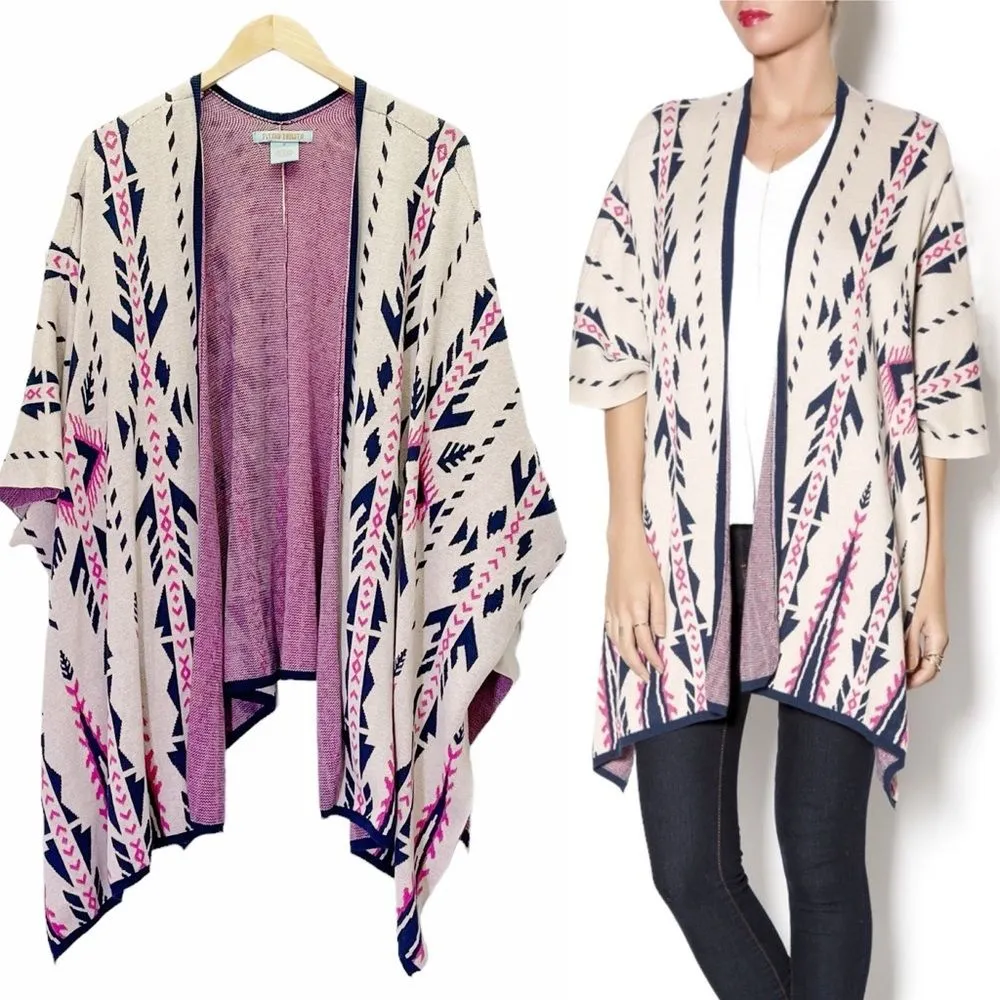 Flying Tomato Boho Aztec Sweater Kimono Size Medium Tan Navy Hot Pink Southwest - Image 2