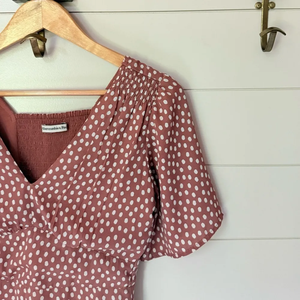 Abercrombie & Fitch Short Sleeve Smocked Pink White Polka Dot Mini Dress xSmall - Image 6