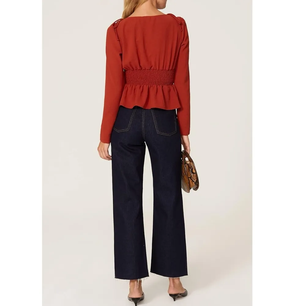 Louna Designer Blouse Red Orange Ruffle Hem Cinched Waist Long Sleeve Sz XS - Image 3