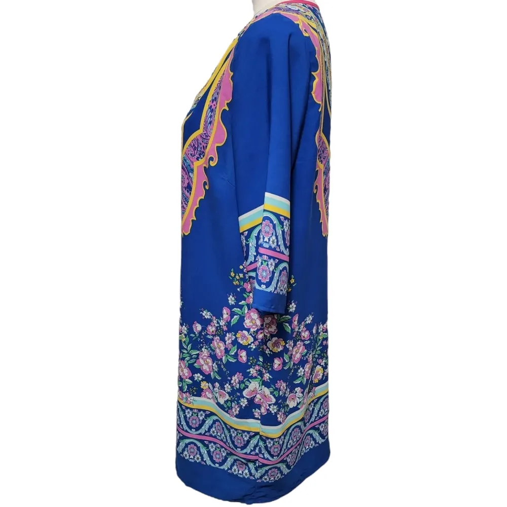 Modcloth Pink Owl royal blue floral print split neck shift dress size large - Image 3