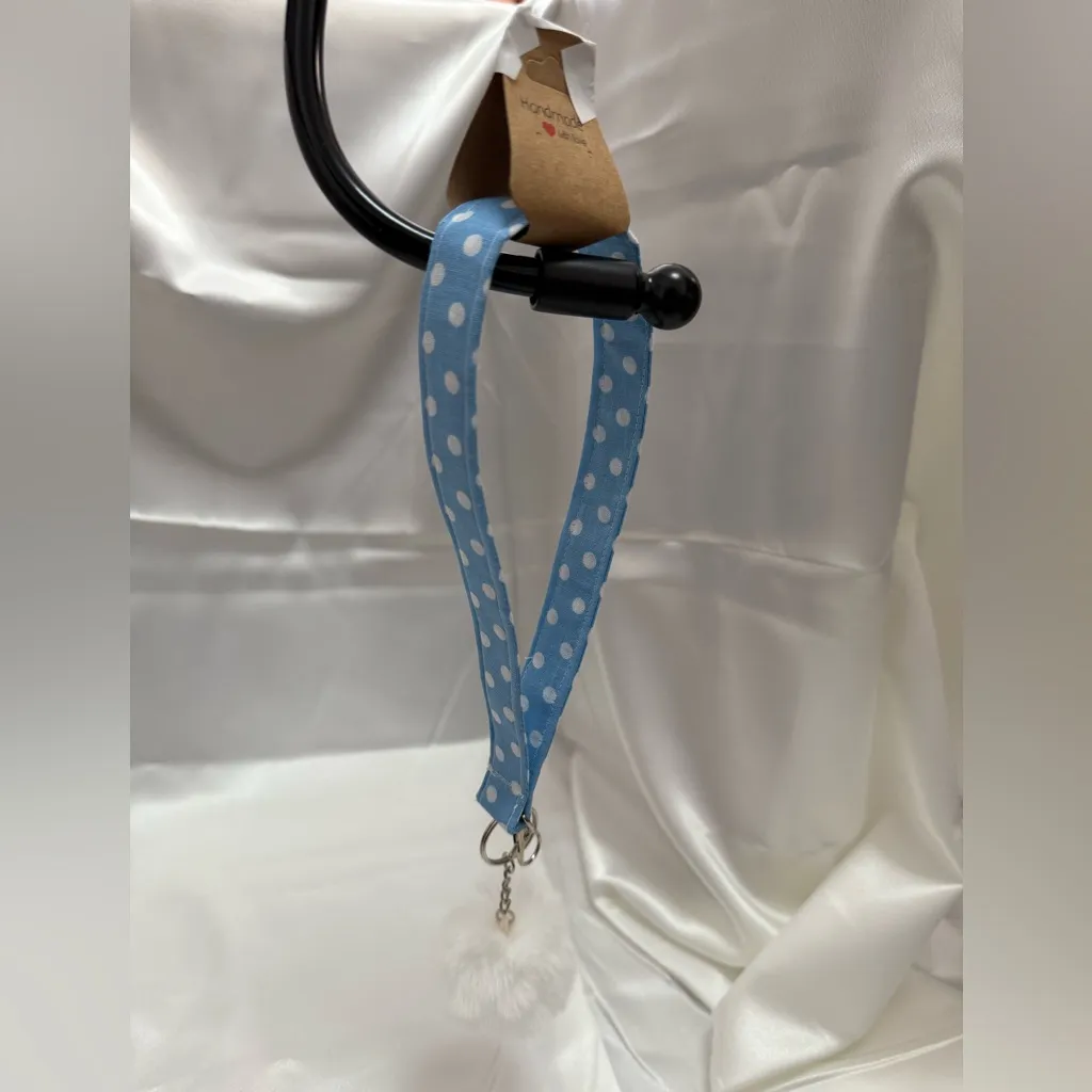 Handmade Blue and White Polka Dot Wristlet Keychain with White Pompom - Image 2