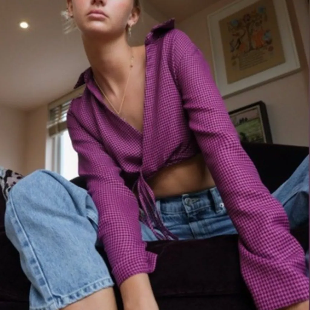 NWOT ZARA Houndstooth Long Sleeve Wrap Crop Polo Top 3067/477/032 - Image 2