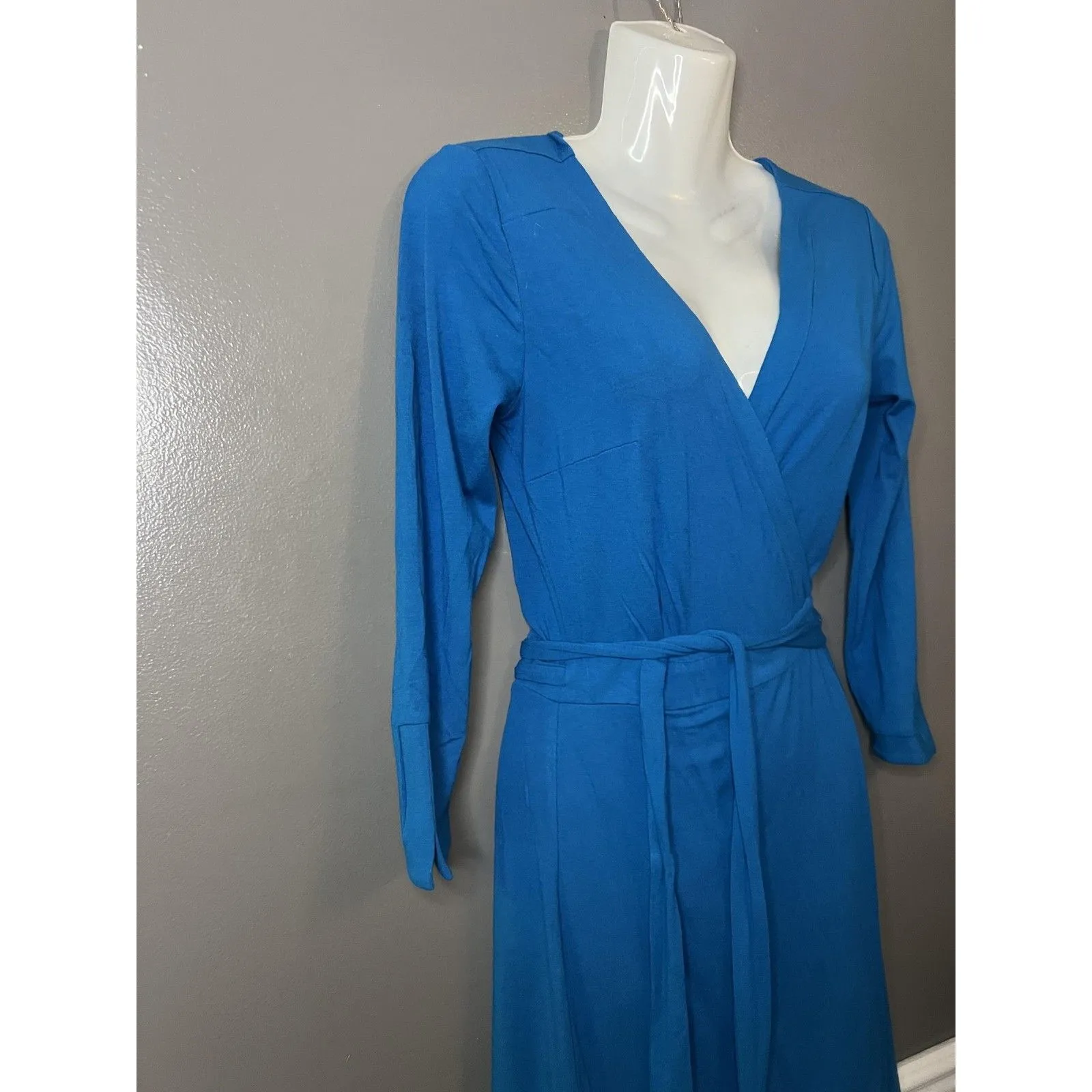 Ann Taylor Dress Womens 00 Blue Wrap Long Sleeve Jersey Knit Knee Length Work - Image 5