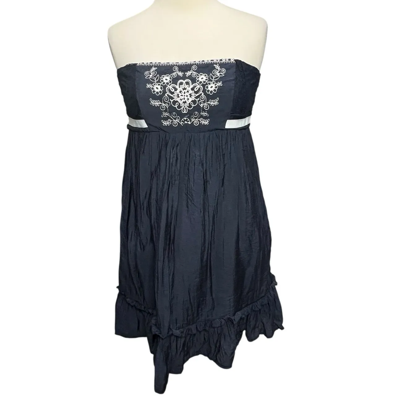 Agaci Mini Dress L Blue Strapless Lace Mesh Embroidered Smocked Y2K Boho Chic - Image 2