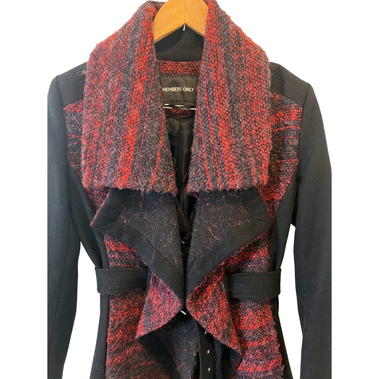 Members Only  Belted Waterfall Coat Red Black Wool Blend Asymmetrical Medium GUC - Image 4